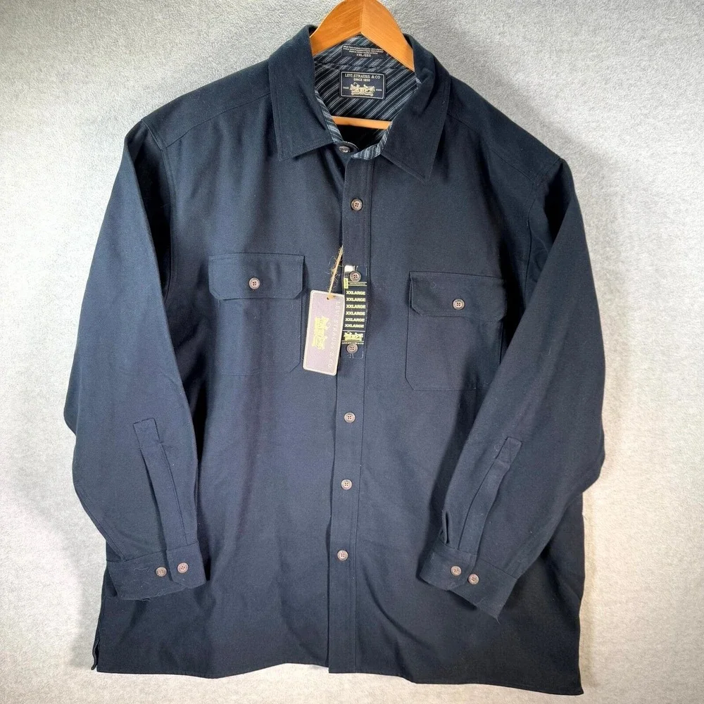 Levi's Overcoat Men's 2XL Navy Blue Collared Long Sleeve Flap Pockets Button-Up